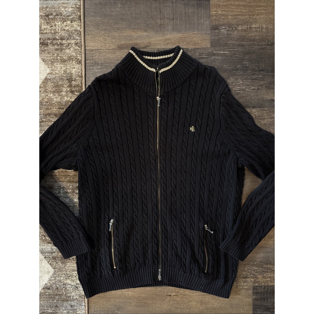 Ralph Lauren Zip Sweater Black Cable Knit Gold Embroidery LRL Logo 2XL